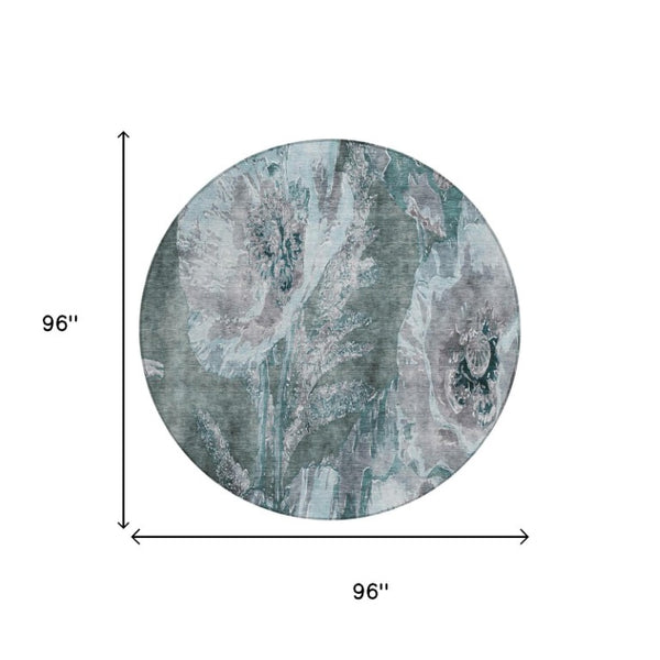 8 Foot Round Floral Polyester Area Rug in Teal Washable for Patio or Family Room