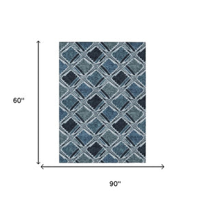 5x8 Blue Graphite Geometric Polyester Area Rug Washable Stain Resistant Indoor Outdoor