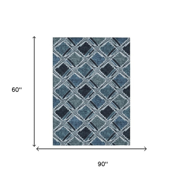 5x8 Blue Graphite Geometric Polyester Area Rug Washable Stain Resistant Indoor Outdoor