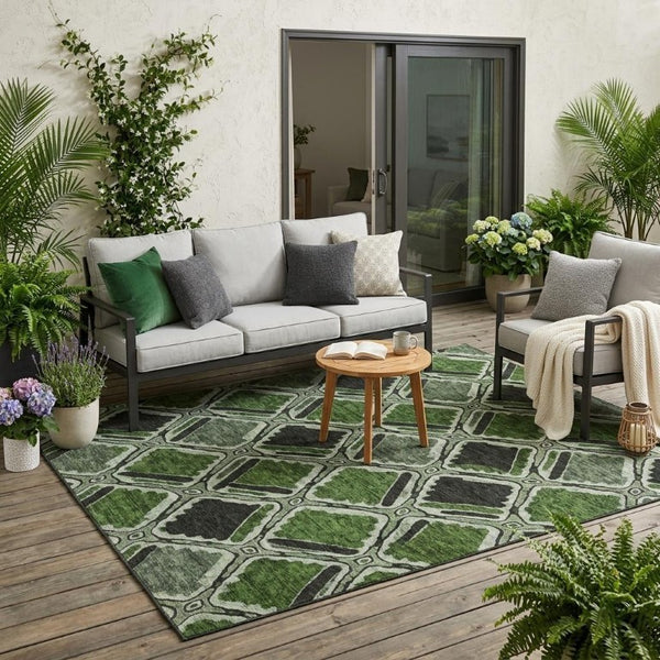 5 X 8 Emerald Geometric Polyester Area Rug Washable Stain Resistant Indoor Outdoor