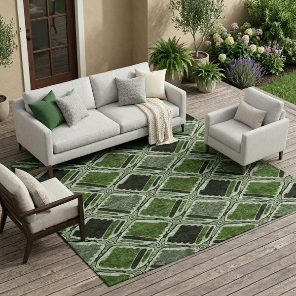 9 X 12 Emerald Geometric Polyester Area Rug Washable for Indoor Outdoor Living