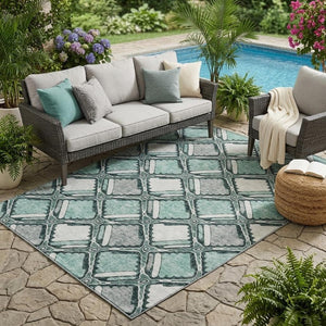 5 X 8 Aqua Teal Geometric Polyester Washable Rug for Patio Porch or Living Room