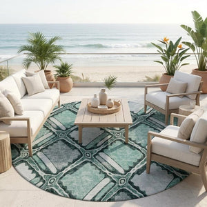 8 Foot Round Geometric Polyester Rug Aqua Teal Washable for Patio or Family Room