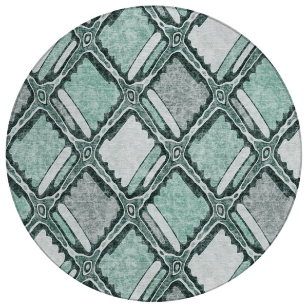 HomeRoots 8 Foot Round Geometric Polyester Rug Aqua Teal Washable for Patio or Family Room 741949