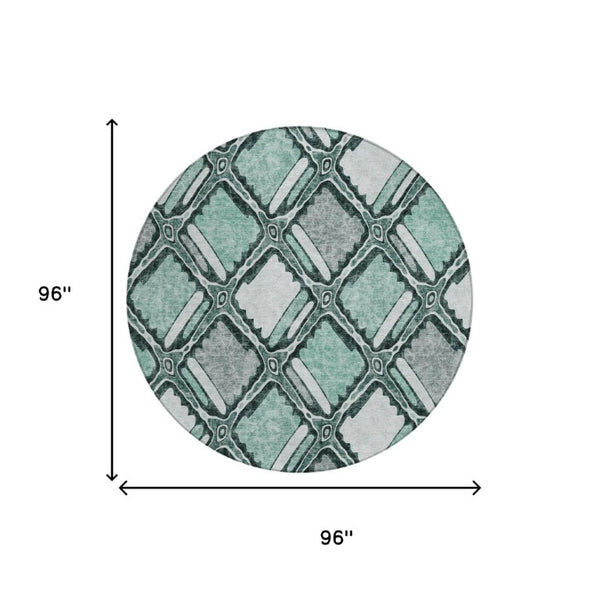 8 Foot Round Geometric Polyester Rug Aqua Teal Washable for Patio or Family Room