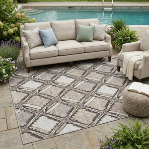 5 X 8 Geometric Polyester Indoor Outdoor Rug Stain Resistant Khaki Brown Washable