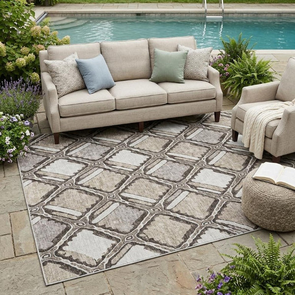 5 X 8 Geometric Polyester Indoor Outdoor Rug Stain Resistant Khaki Brown Washable