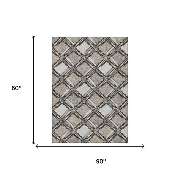 5 X 8 Geometric Polyester Indoor Outdoor Rug Stain Resistant Khaki Brown Washable