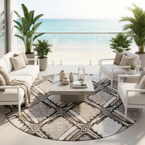 8 Foot Round Geometric Polyester Area Rug Washable Stain Resistant Patio Porch