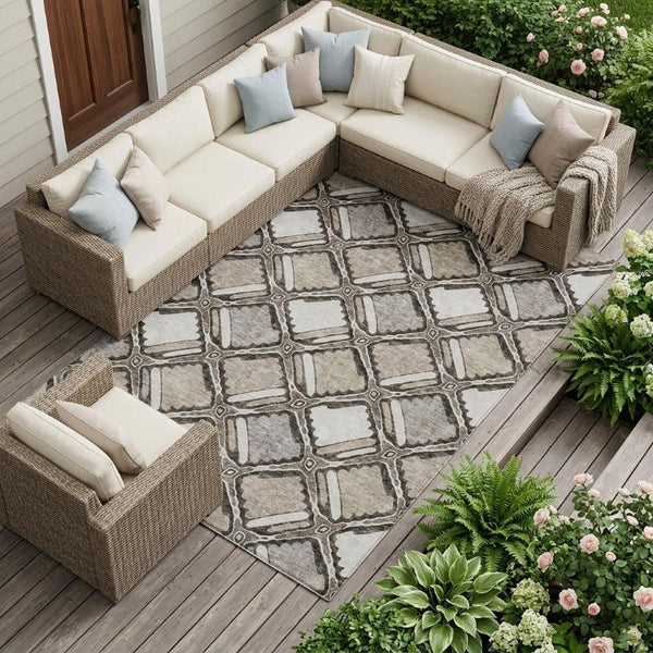 8 X 10 Geometric Polyester Indoor Outdoor Rug Stain Resistant Washable Khaki