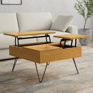 English Elm Hunter Solid Oak Lift Top Square Coffee Table with Hidden Storage and Hairpin Legs B136P429095