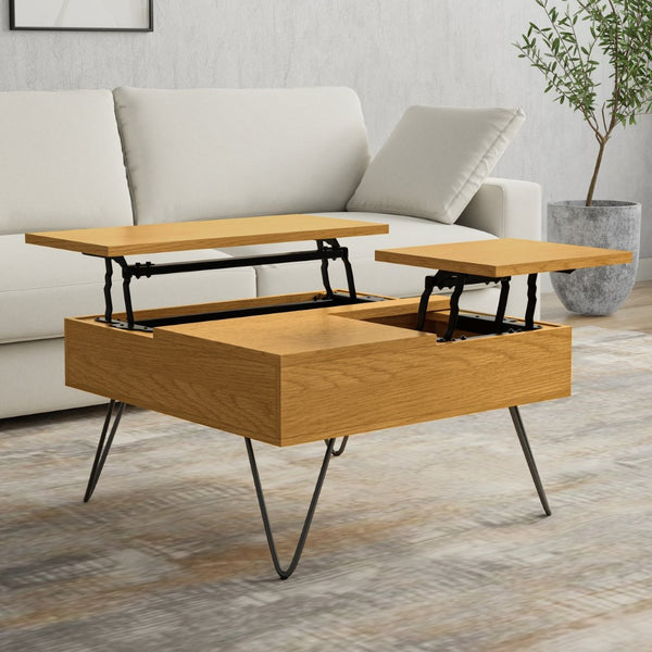 English Elm Hunter Solid Oak Lift Top Square Coffee Table with Hidden Storage and Hairpin Legs B136P429095