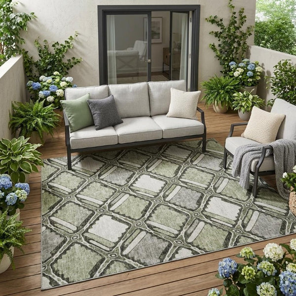 5 X 8 Sage Green Geometric Polyester Area Rug Washable for Patio Porch or Living Room
