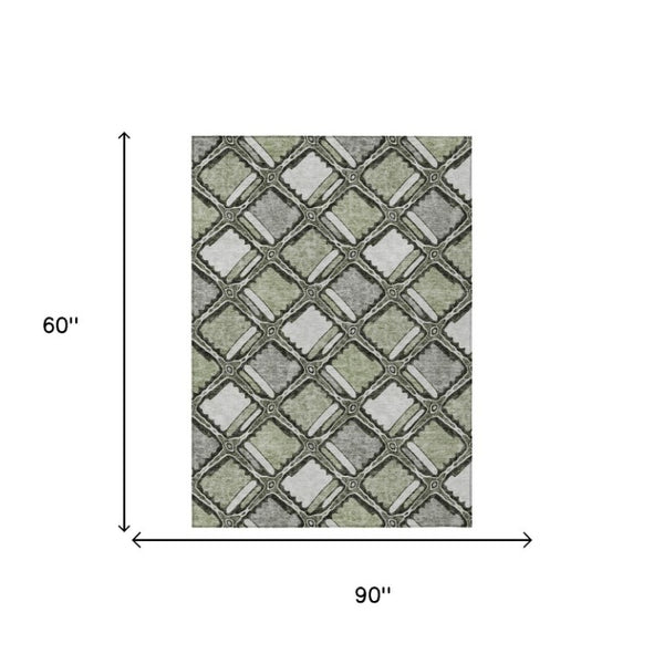 5 X 8 Sage Green Geometric Polyester Area Rug Washable for Patio Porch or Living Room