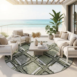 8 Foot Round Geometric Sage Polyester Rug Washable for Patio Porch or Family Room