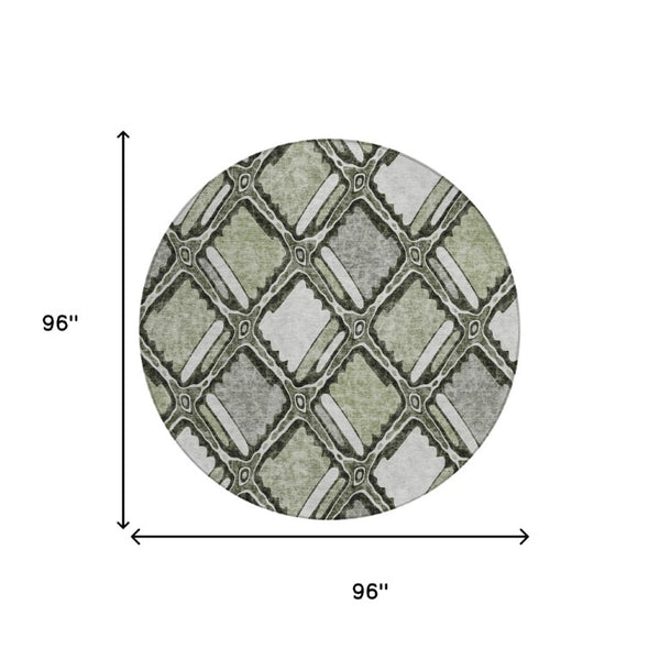 8 Foot Round Geometric Sage Polyester Rug Washable for Patio Porch or Family Room