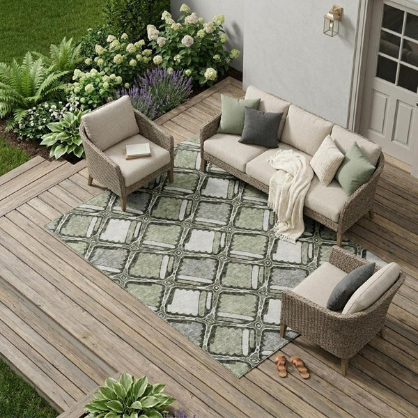 8 Ft X 10 Ft Sage Green Geometric Polyester Area Rug Washable for Patio or Living Room
