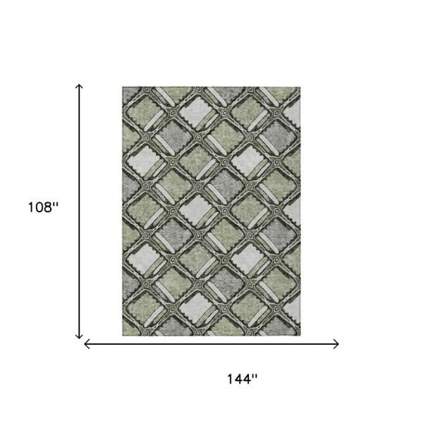 9 X 12 Sage Green Geometric Polyester Area Rug Washable for Patio or Living Room