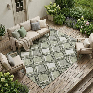 10 X 14 Sage Green Geometric Polyester Area Rug Washable for Indoor Outdoor Use