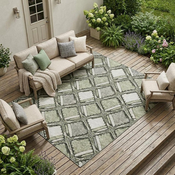 10 X 14 Sage Green Geometric Polyester Area Rug Washable for Indoor Outdoor Use