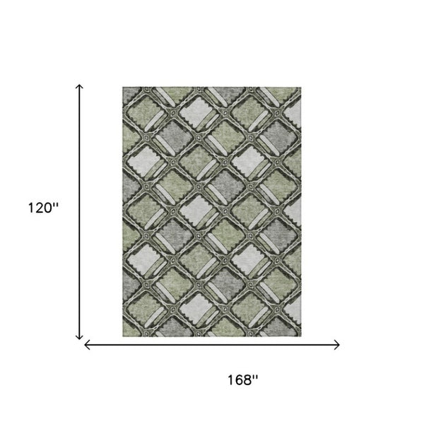 10 X 14 Sage Green Geometric Polyester Area Rug Washable for Indoor Outdoor Use