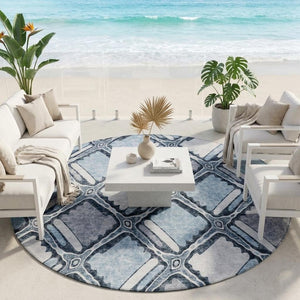 8 Foot Round Geometric Polyester Area Rug for Indoor Outdoor High Traffic Use