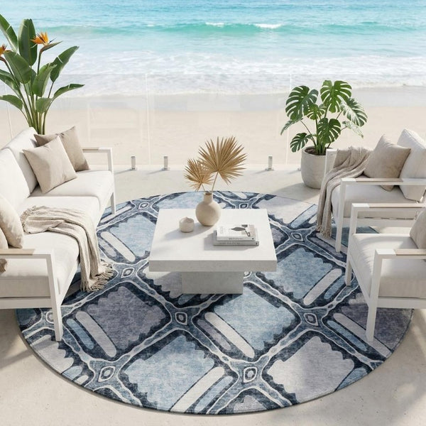 8 Foot Round Geometric Polyester Area Rug for Indoor Outdoor High Traffic Use