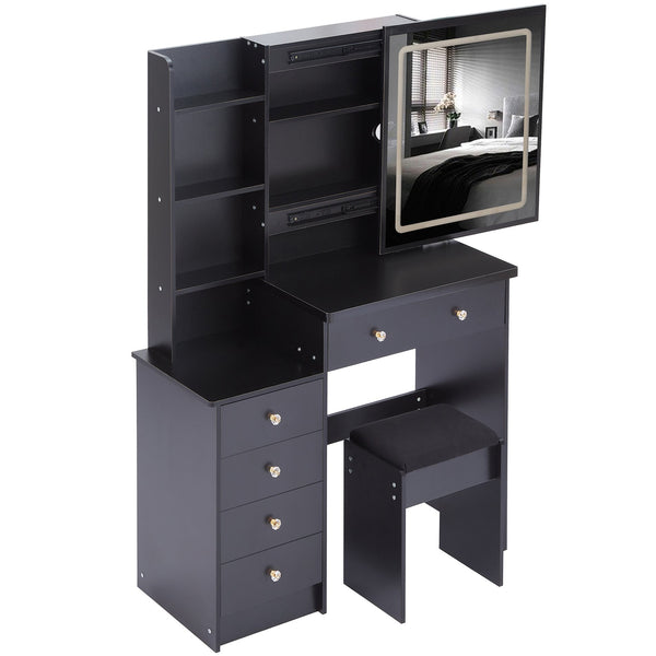 English Elm 37" Designer Vanity Set With Cushioned Stool, Touch Control Led Mirror, Usb Ports & Hair Dryer Stand W936P224320