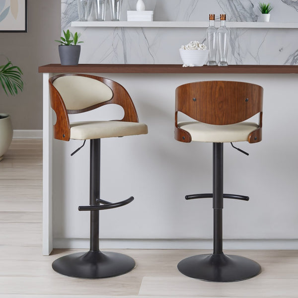 English Elm Adjustable Swivel Barstools Mid-century Modern Walnut and Cream Faux Leather Set of 2 B202S02184