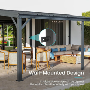English Elm 12x20ft Lean to Hardtop Gazebo Wall Mounted Steel Roof Outdoor Shelter Deck Porch Gray W1859S00197
