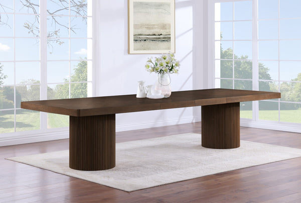Meridian Furniture Belinda Oak Veneer Extendable Dining Table with Fluted Pedestal Base for Elegant Rooms Brown 96" / 144" 741Brown-T