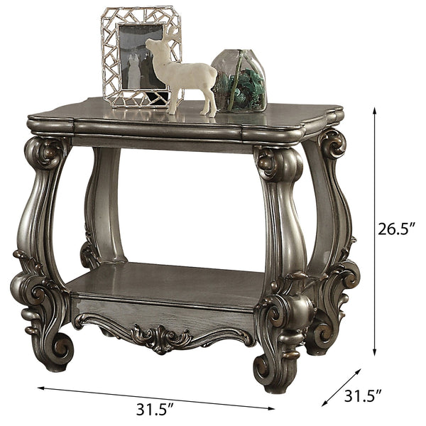 English Elm Antique Platinum End Table with Floral Carved Legs, Bottom Shelf Storage, Classic Light Finish Elegance B062P189091