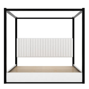 English Elm King Velvet Upholstered Four Poster Canopy Bed White Modern Bedroom Frame N7090002405B