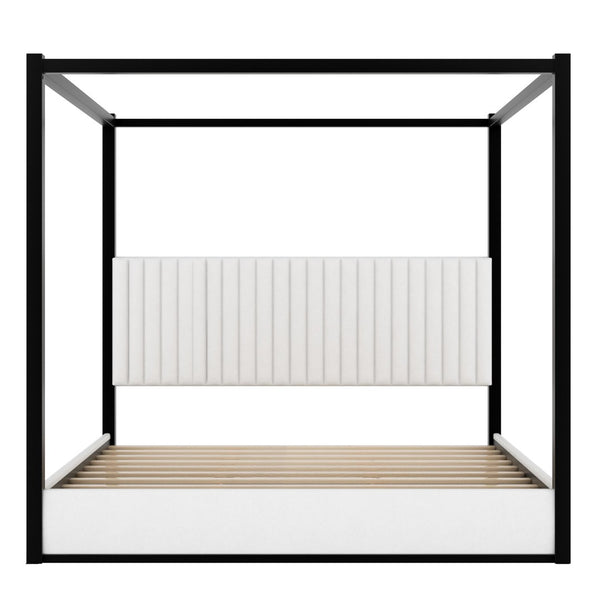 English Elm King Velvet Upholstered Four Poster Canopy Bed White Modern Bedroom Frame N7090002405B