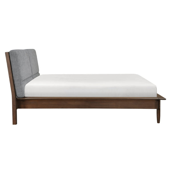 English Elm Walnut Veneer Eastern King Platform Bed Upholstered Gray Fabric Mid-century Frame B011S01614