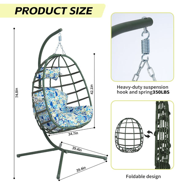 English Elm Egg Hanging Chair with Stand Pe Rattan Swing Seat Washable Cushion 350lb Capacity T5880P497441