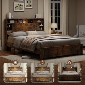 English Elm Wood Queen Platform Bed Bookcase Headboard with Led Lighting and Charging Station W636P444678
