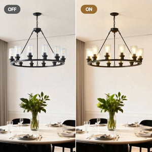 English Elm 34.25'' Farmhouse Wagon Wheel Chandelier 9 Light Seeded Glass Dining Room Fixture W5008P468521