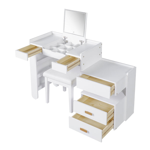 English Elm 3-in-1 Makeup Vanity Desk with Flip Mirror, LED 3-Color Lighting, Expandable Length & Ample Storage Drawers White N844P285298A