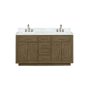 English Elm Grey Oak Double Bath Vanity 60" W x 22" D with Carrara Marble Top, Chrome Gooseneck Faucets, Soft-Close Cabinets B2731P257747