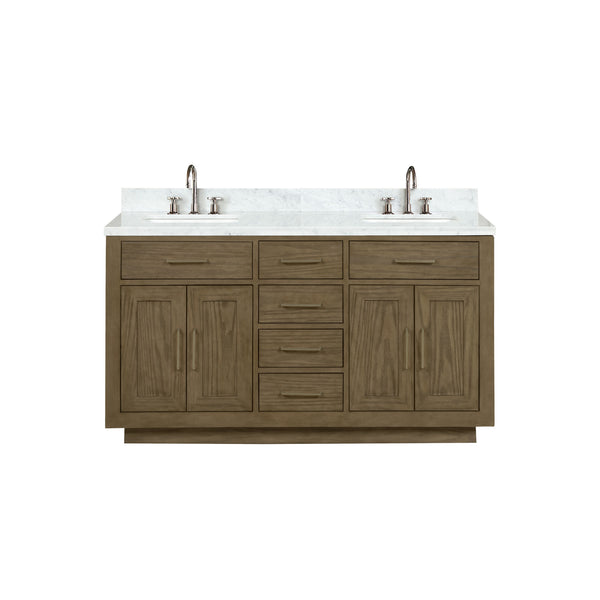 English Elm Grey Oak Double Bath Vanity 60" W x 22" D with Carrara Marble Top, Chrome Gooseneck Faucets, Soft-Close Cabinets B2731P257747