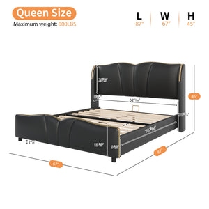 English Elm Christopher Knight Home® - Queen Plush Leather Upholstered Bed Frame with Wingback Headboard, Wavy Footboard, Quiet Support Black 85.2 L x 9.8 W x 3.25 H N761S0000016B
