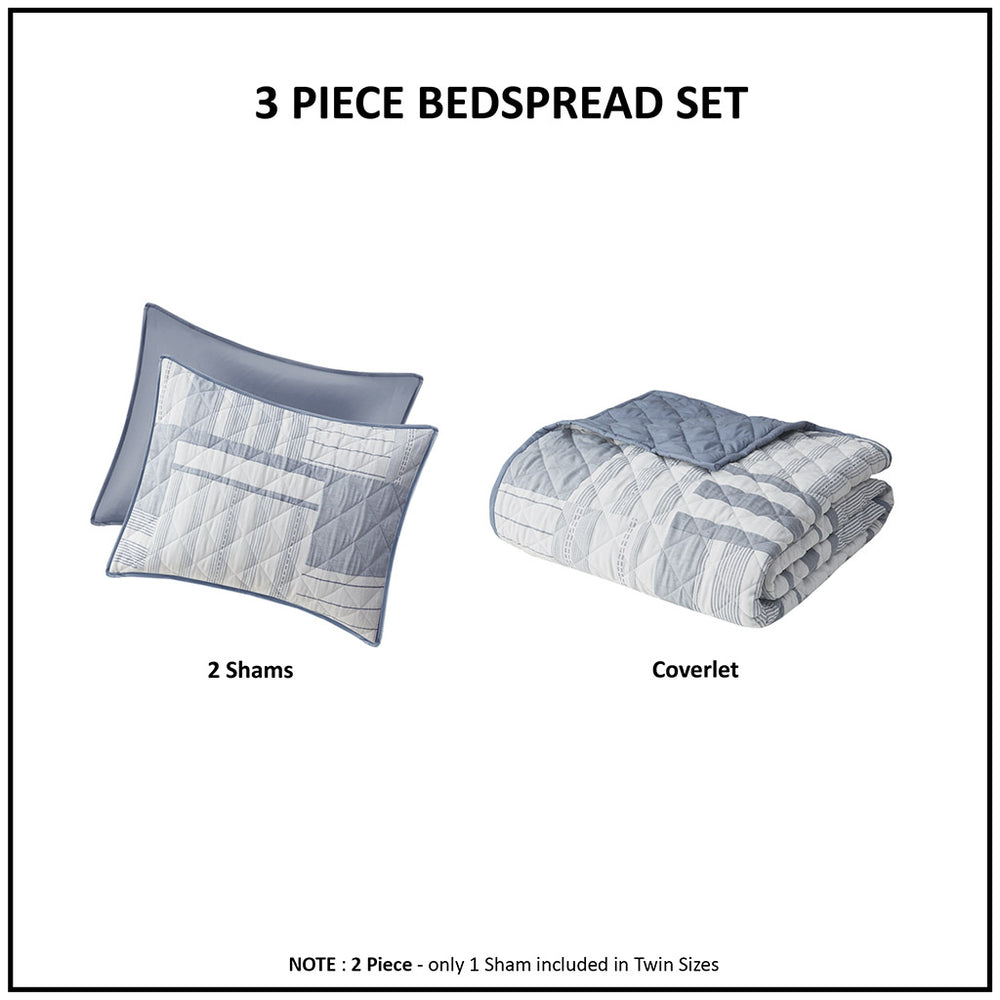 JLA Home Madison Park - 3 Jacquard Patchwork Quilt Set with Diamond Stitching, Soft Blue Birch Tones, Reversible Dusty Blue Bedding MP13-8190