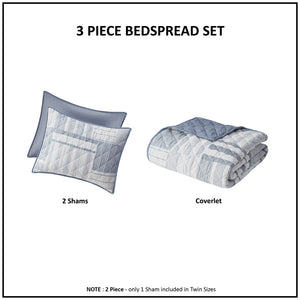 JLA Home Madison Park - 3 Jacquard Patchwork Quilt Set with Diamond Stitching, Soft Blue Birch Tones, Reversible Dusty Blue Bedding MP13-8190