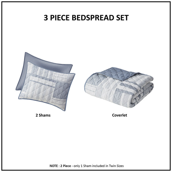 JLA Home Madison Park - 3 Jacquard Patchwork Quilt Set with Diamond Stitching, Soft Blue Birch Tones, Reversible Dusty Blue Bedding MP13-8190