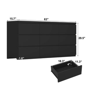 English Elm 9 Drawer Matte Black Dresser Push Open Handleless Design Wide Bedroom Storage Chest W409P334005