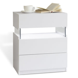 English Elm Led Nightstand with Rgb Acrylic Glow Panel Three Drawers Walnut Bedroom Table White W2178P412300