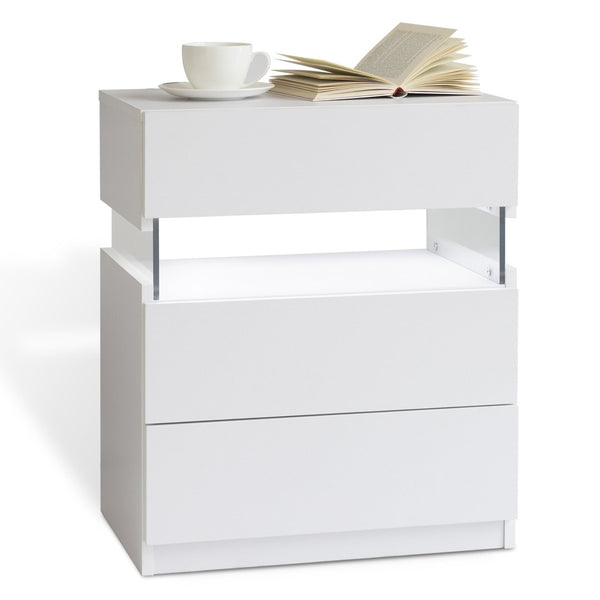 English Elm Led Nightstand with Rgb Acrylic Glow Panel Three Drawers Walnut Bedroom Table White W2178P412300