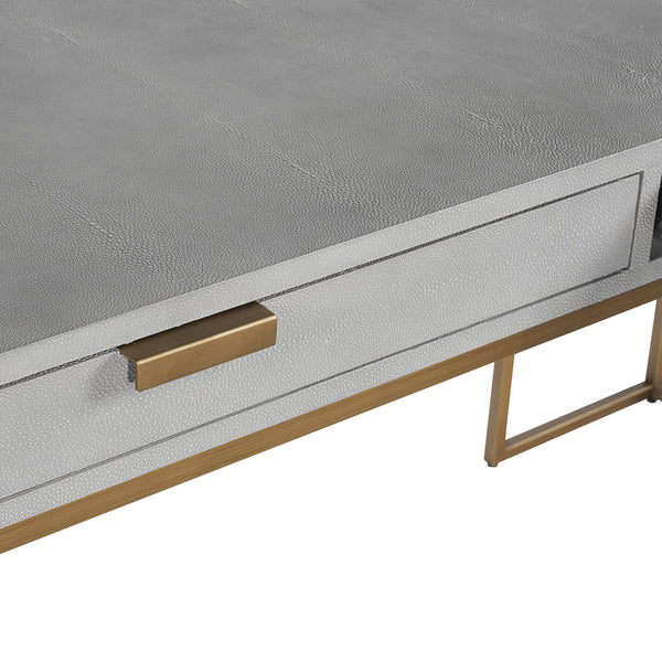 Sunpan Jiro Desk - Stylish Grey Shagreen with Antique Brass Hardware, Elegant Design & Ample Storage Space