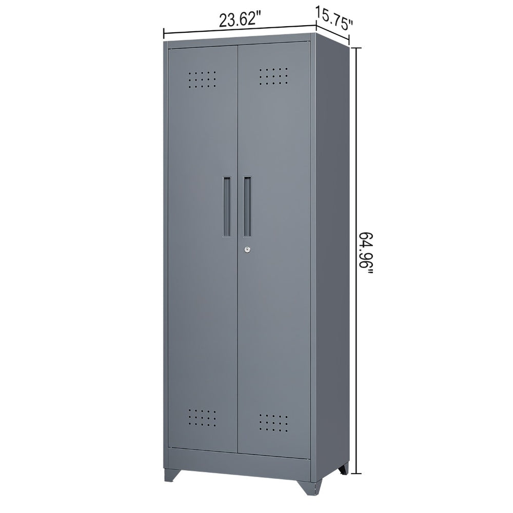 English Elm Broom and Mop Steel Utility Cabinet with Locking Doors Hanging Rod Adjustable Shelves T3625P372657